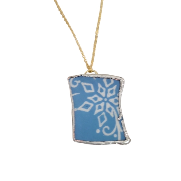 Upcycled Temptations Gold Plated Broken Ceramic Snowflake Rectangular Necklace - Picture 1 of 3